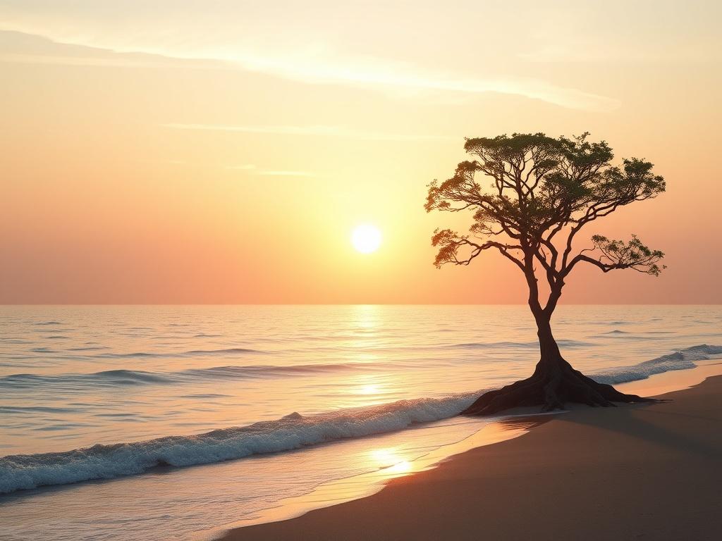 A serene landscape featuring a beautiful sunrise over a calm